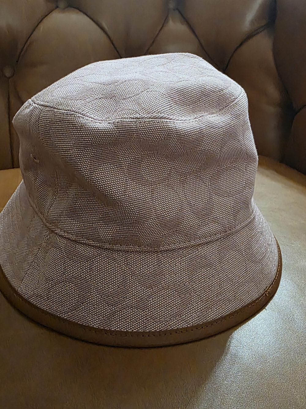 Textured Bucket Hat in Pink with Leather Trim